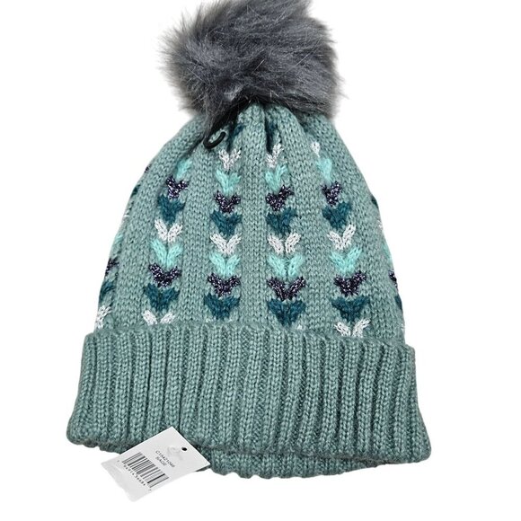 Unbranded NWT Knitted Pom Pom Beanie Hat Textured Pattern Faux Fur Top Women - Picture 2 of 5